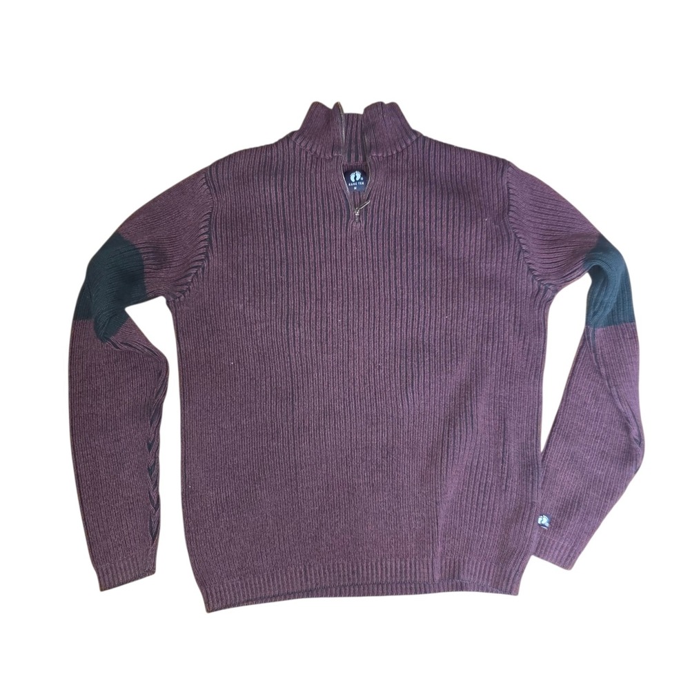 Hang Ten Mens Quarter Zip Ribbed Sweater Burgundy Black Elbow Patch Size M